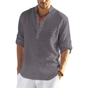 Men's Dark Gray Cotton Linen Henley Hippies Casual Beach Long Sleeve T-shirt